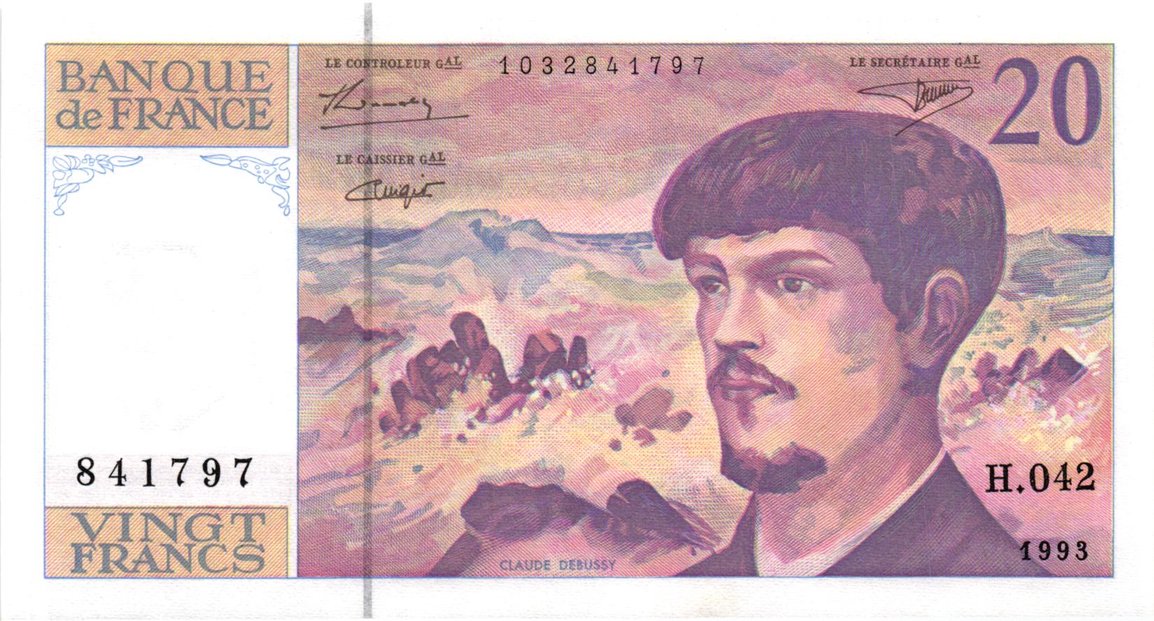 20 Francs DEBUSSY Fil de sécurité billet de collection Banque de France