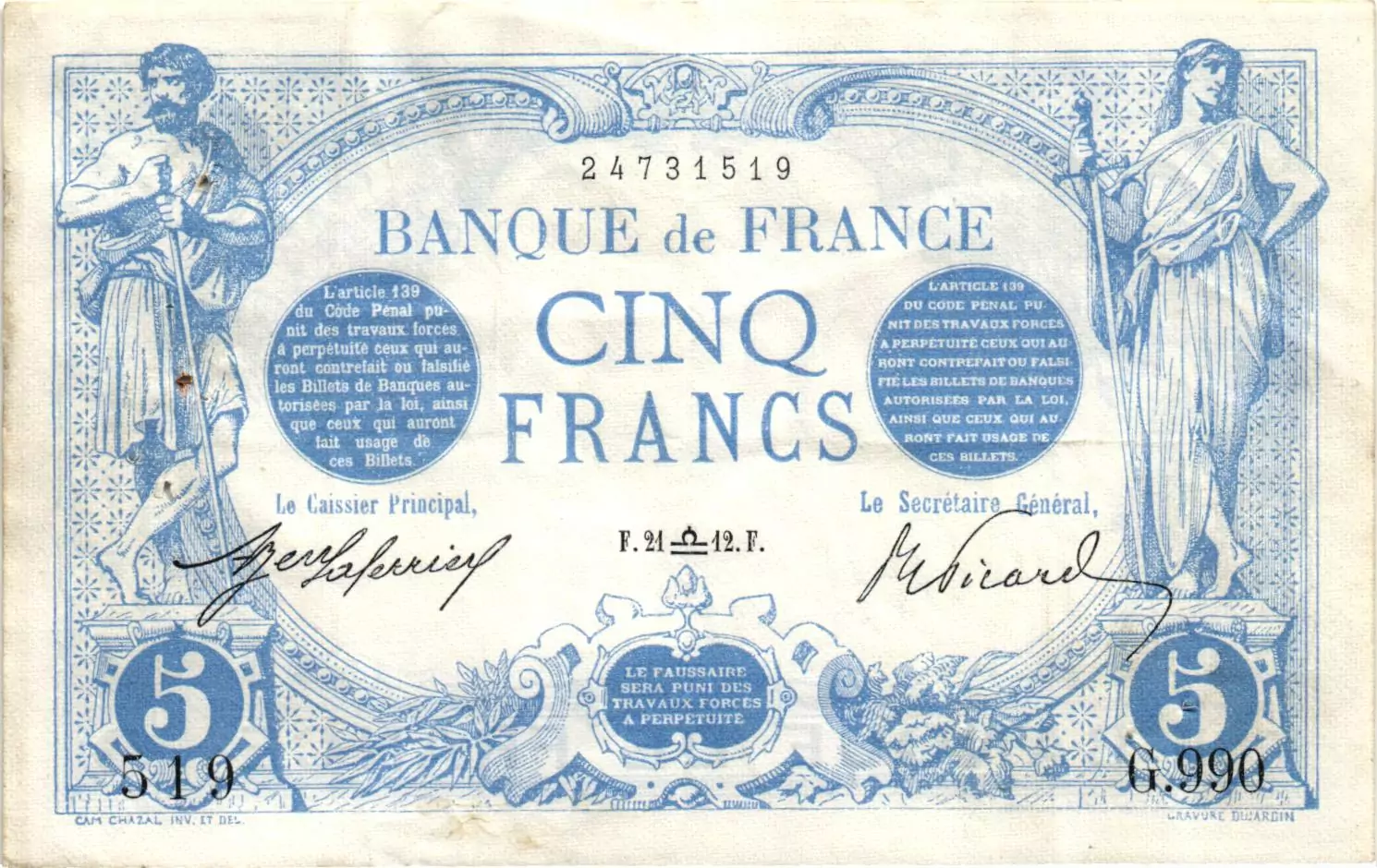 Billet de la BANQUE DE FRANCE du XIXème siècle et du XXème siècle