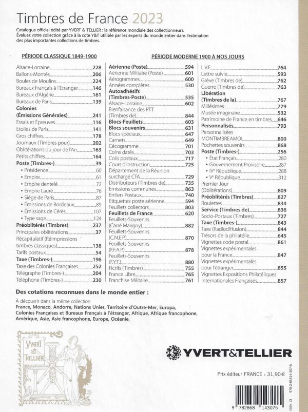 Catalogue Yvert et Tellier - Valeur des timbres