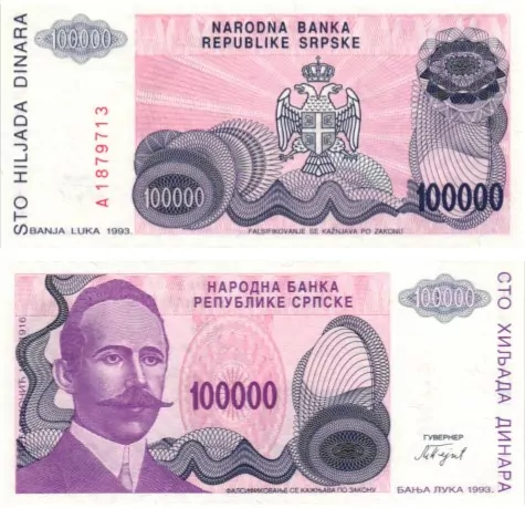 BOSNIE-HERZGOVINE - 100000 Dinara - Billet de collection du monde