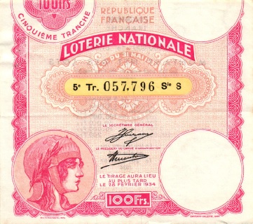 Loterie Nationale avec le filigrane Banque de France du billet de 5 Francs Loterie nationale filigrane Banque de France