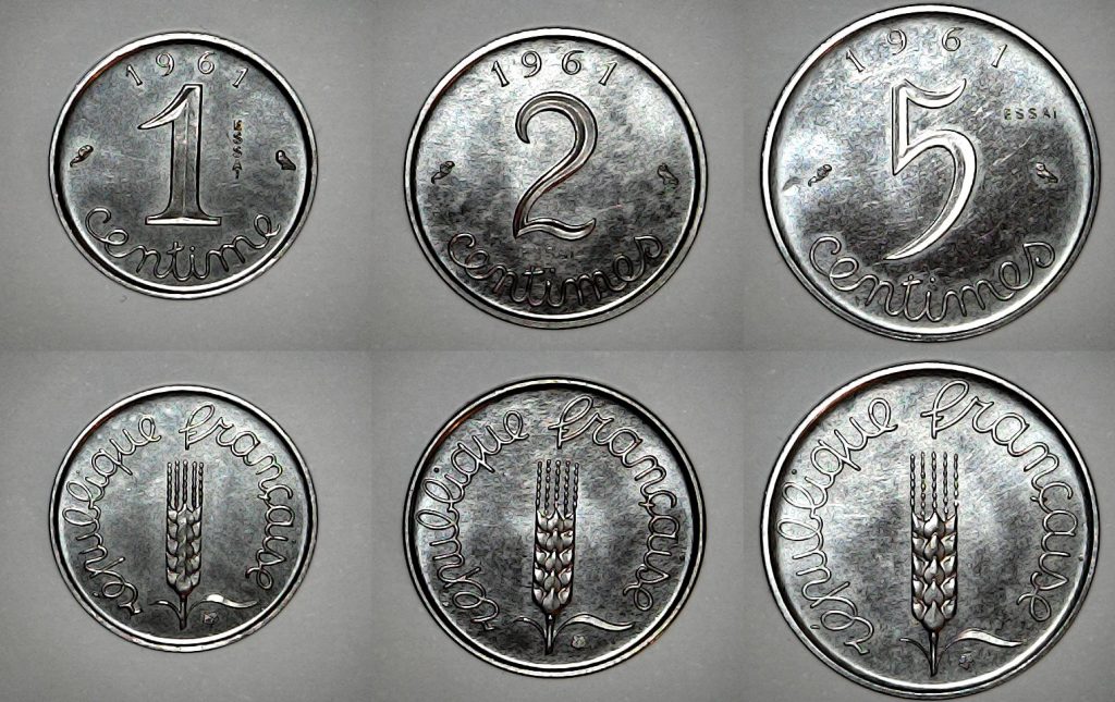 1, 2 et 5 centimes 1961 Essai