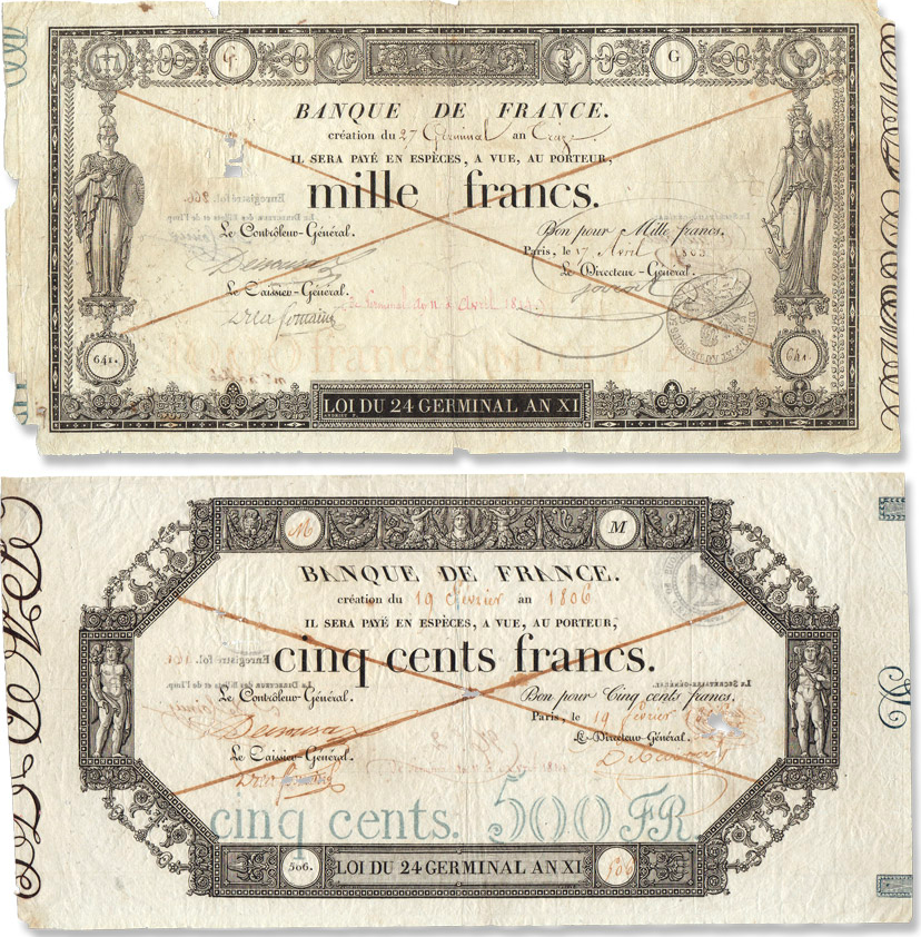 Les billets de GERMINAL, 500 Francs et 1000 Francs, par la Banque de France. Les billets de banque de GERMINAL