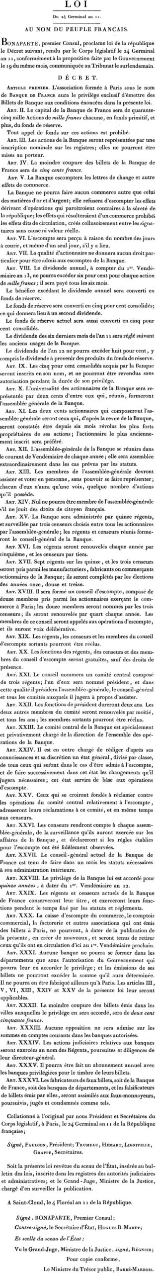 Loi du 24 Germinal AN XI
