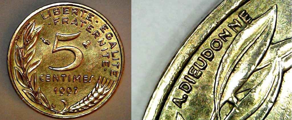 5 centimes France 1997 revers et Dieudonné