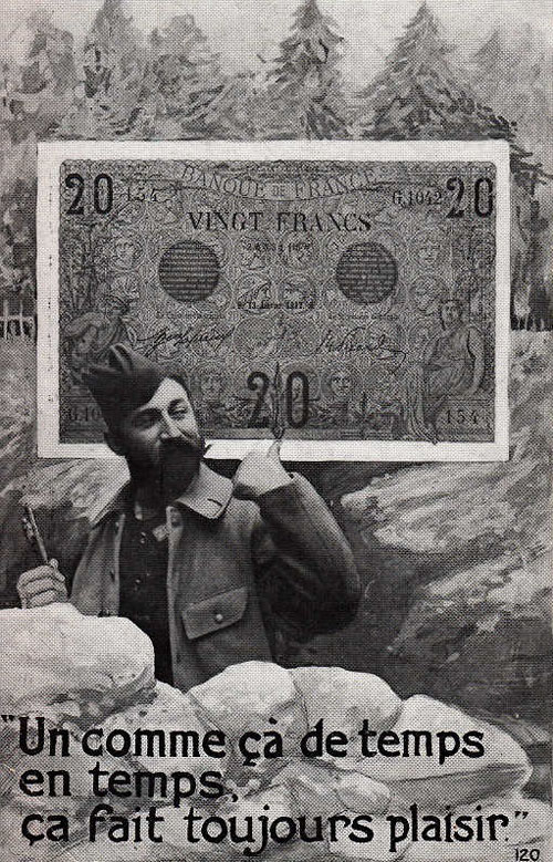 Carte postale ancienne avec le billet de 20 Francs Bleu Type 1905