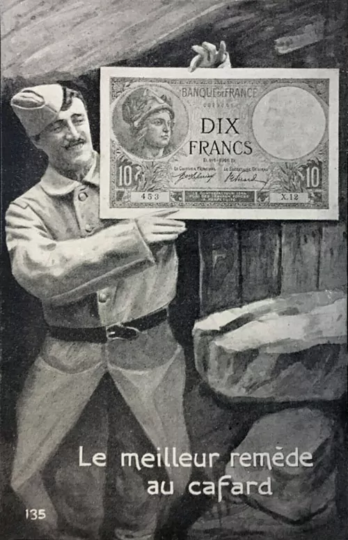 Carte postale ancienne avec le billet de 10 Francs Minerve Type 1915