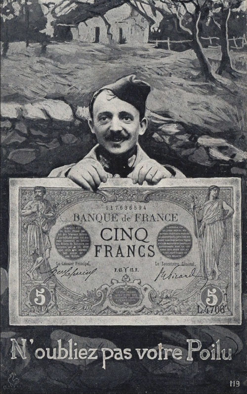 Carte postale ancienne avec le billet de 5 Francs Bleu Type 1905