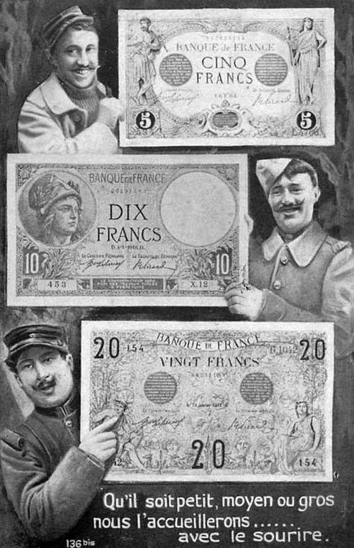 Carte postale ancienne avec les billets de 5 Francs Bleu Type 1905, de 10 Francs Minerve Type 1915 et de 20 Francs Bleu Type 1905