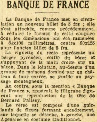 5 Francs BERGER Communiqué de la Banque de France du 23 août 1943