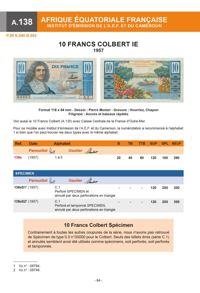 La cote des billets de l'Afrique Équatoriale - Cameroun – Congo – Centrafrique – Guinée Équatoriale – Gabon - Tchad