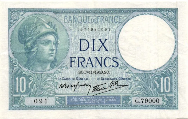 10 Francs Minerve Type 1915 BDF